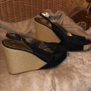 Miss Bisou Wedge Black Satin peep toe ribbon